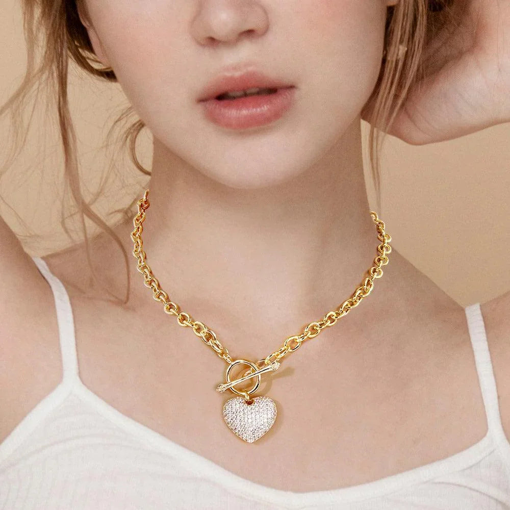 Gold Gold Dipped CZ Pave Heart Pendant Toggle Necklace - Jewelry Store by Erik Rayo