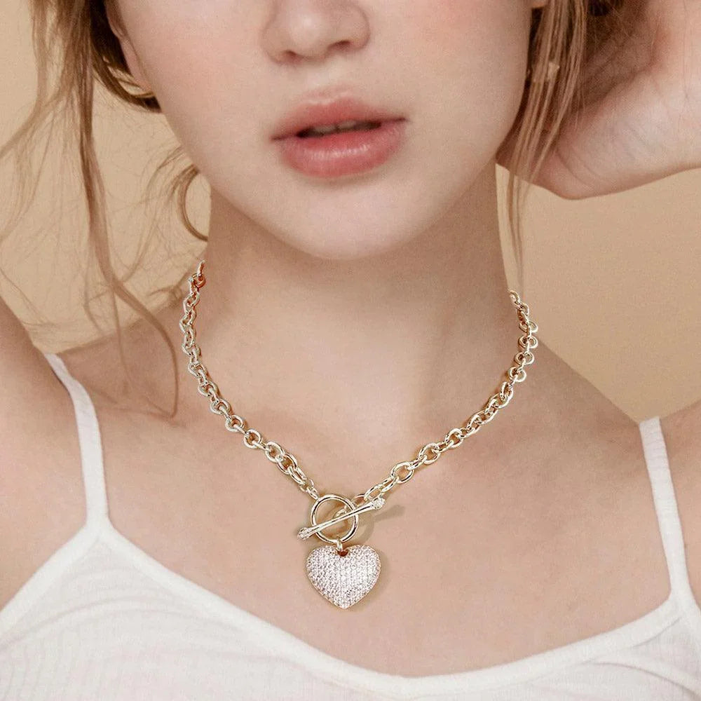 Gold White Gold Dipped CZ Pave Heart Pendant Toggle Necklace - Jewelry Store by Erik Rayo
