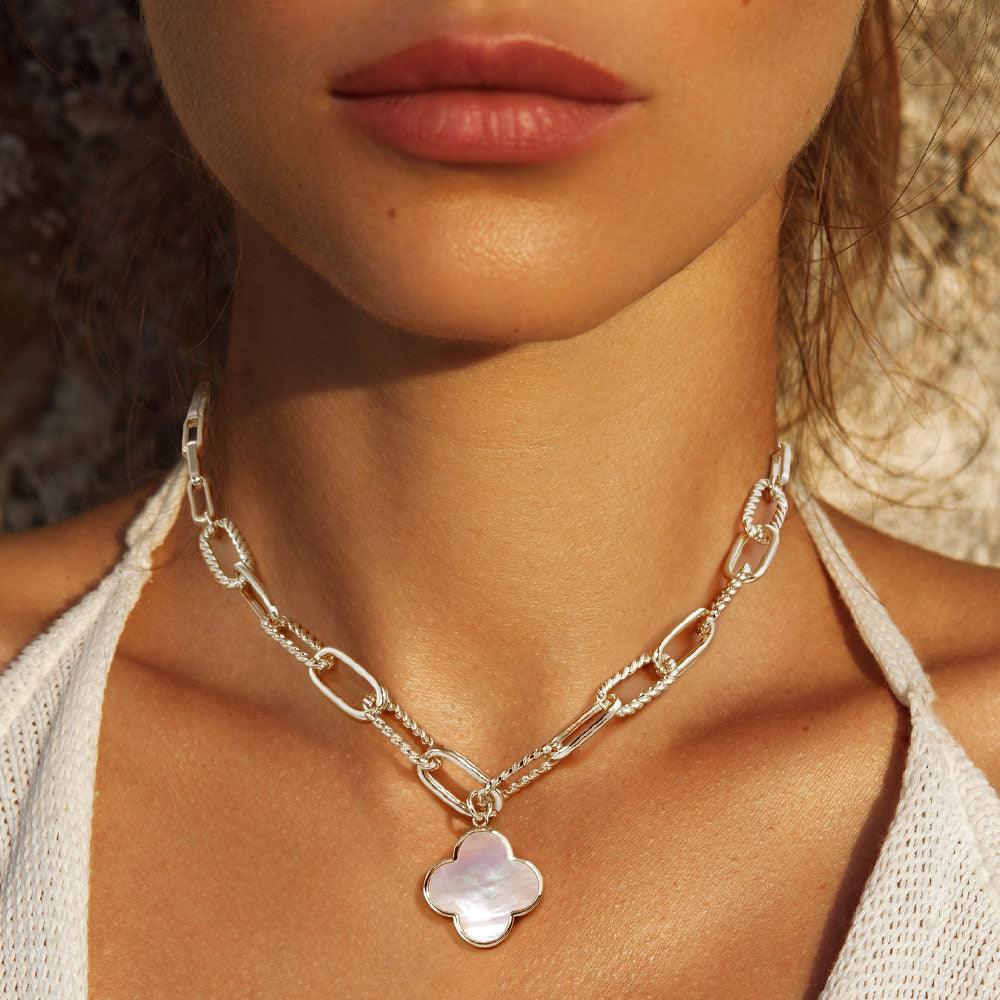 Gold White Gold Dipped Mother of Pearl Quatrefoil Pendant Necklace - Jewelry Store by Erik Rayo