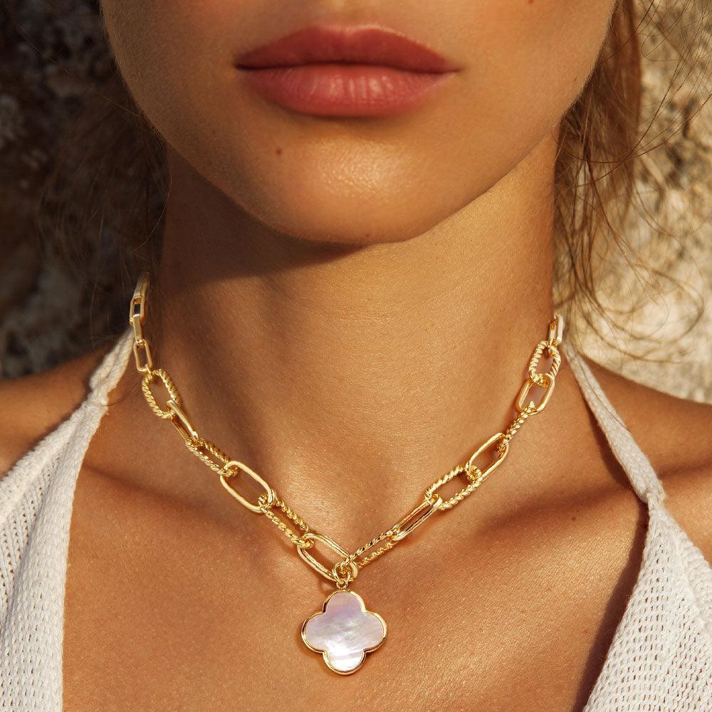 Gold Gold Dipped Mother of Pearl Quatrefoil Pendant Necklace - Jewelry Store by Erik Rayo