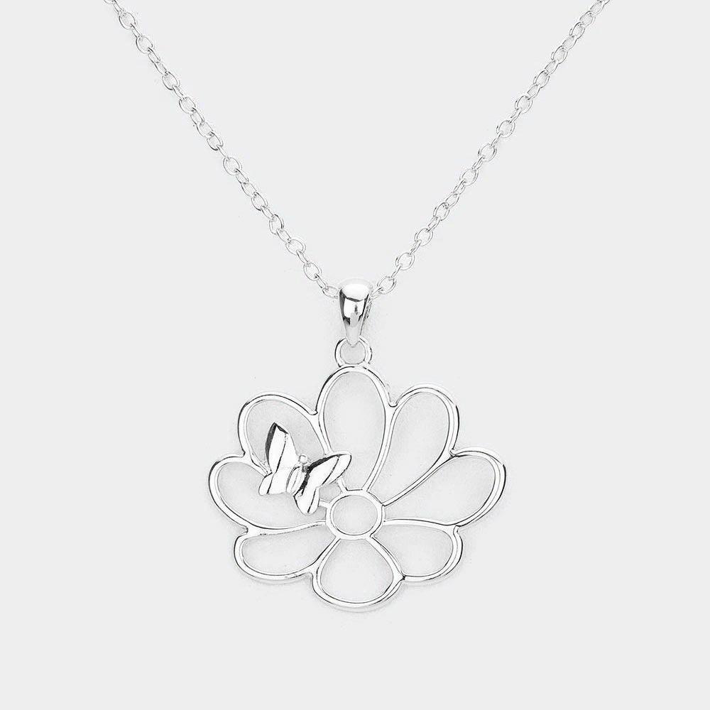 Silver Metal Cut Out Flower Butterfly 
 Pendant Necklace - Jewelry Store by Erik Rayo