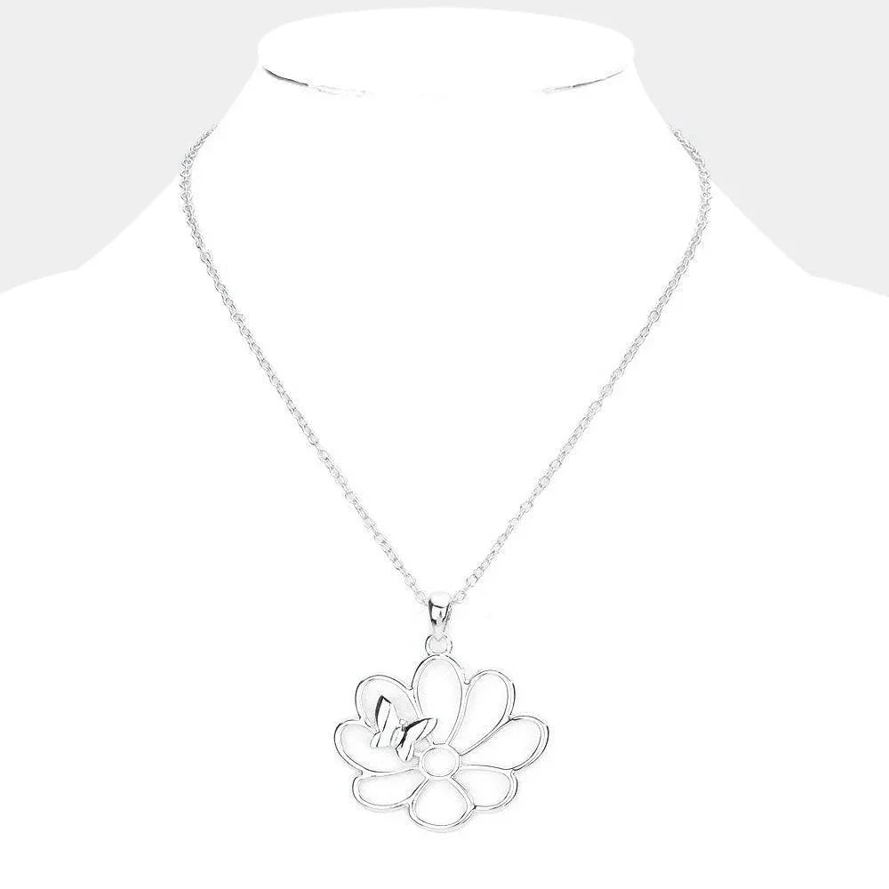 Silver Metal Cut Out Flower Butterfly 
 Pendant Necklace - Jewelry Store by Erik Rayo