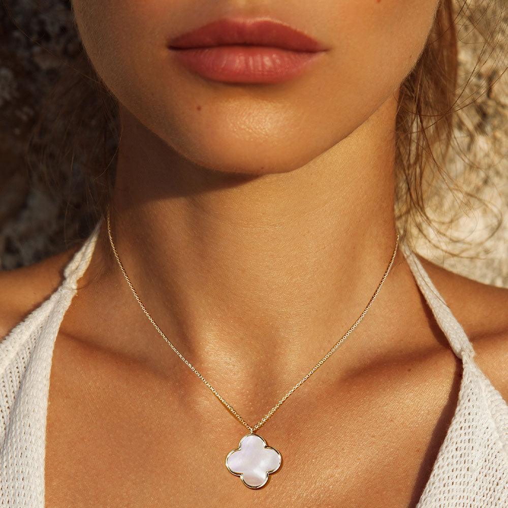Gold White Gold Dipped Mother of Pearl Quatrefoil Pendant Necklace - Jewelry Store by Erik Rayo