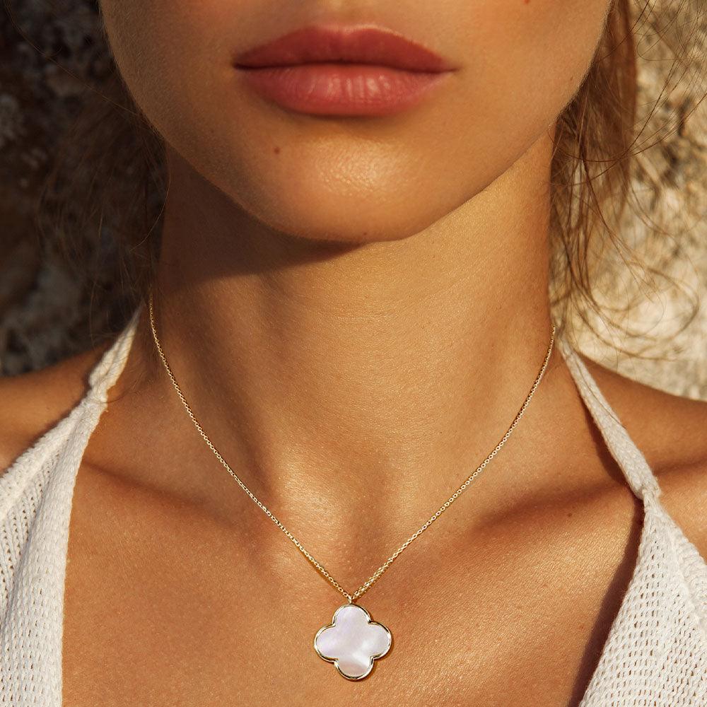 Gold White Gold Dipped Mother of Pearl Quatrefoil Pendant Necklace