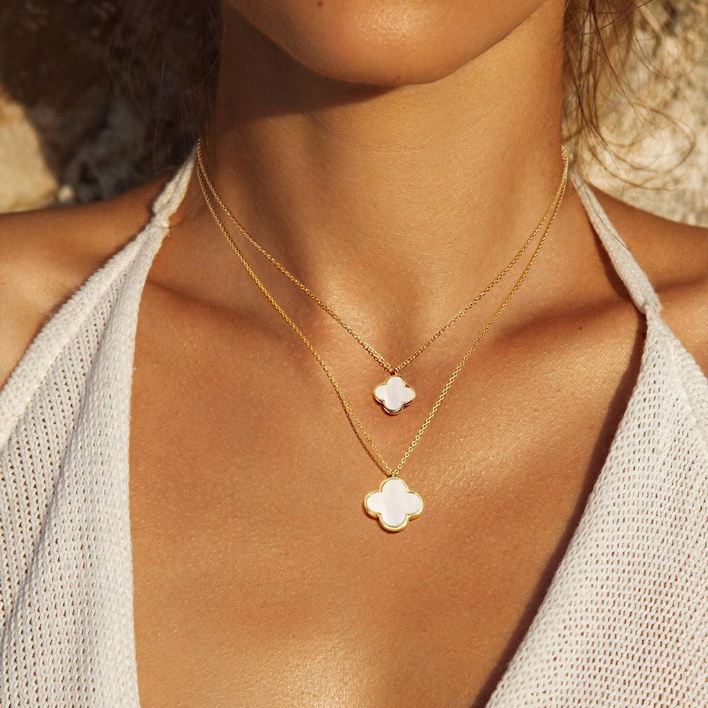 Gold Mother of Pearl Quatrefoil Pendant Double Layered Necklace - Jewelry Store by Erik Rayo
