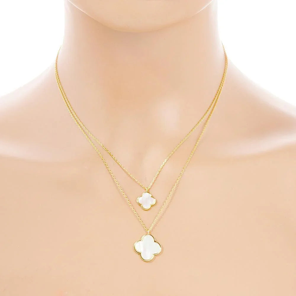 Gold Mother of Pearl Quatrefoil Pendant Double Layered Necklace - Jewelry Store by Erik Rayo
