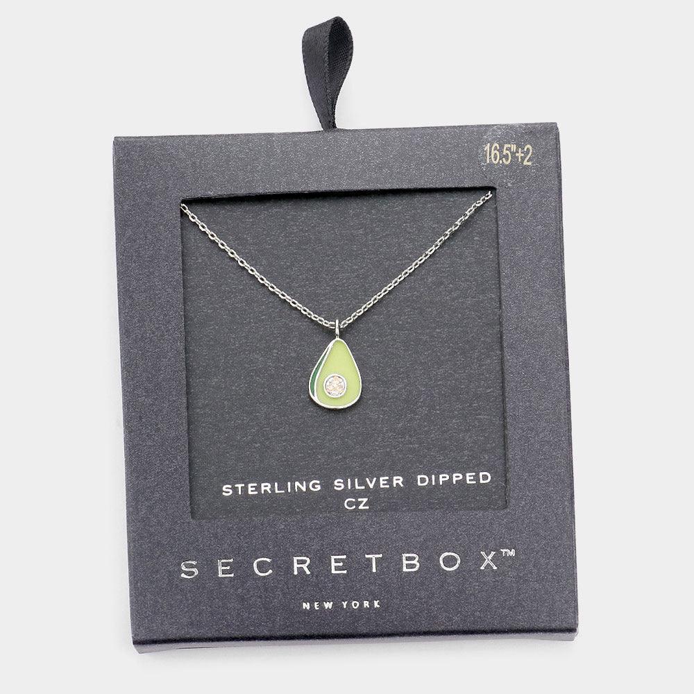 White Sterling Silver Dipped CZ Embellished Enamel Avocado Pendant Necklace - Jewelry Store by Erik Rayo
