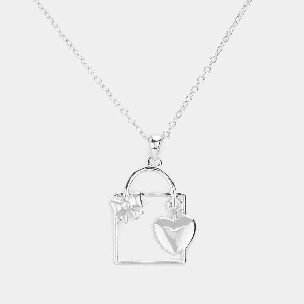 Silver Heart Ribbon Gift Box Pendant Necklace - Jewelry Store by Erik Rayo