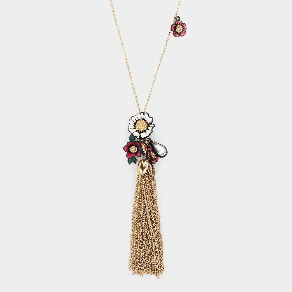 Gold Tassel pendant & flower charm long necklace - Jewelry Store by Erik Rayo