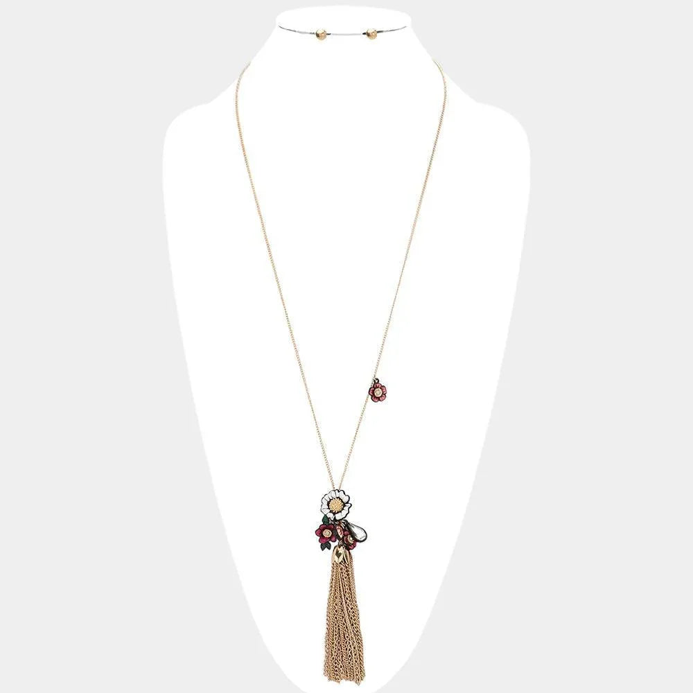 Gold Tassel pendant & flower charm long necklace - Jewelry Store by Erik Rayo