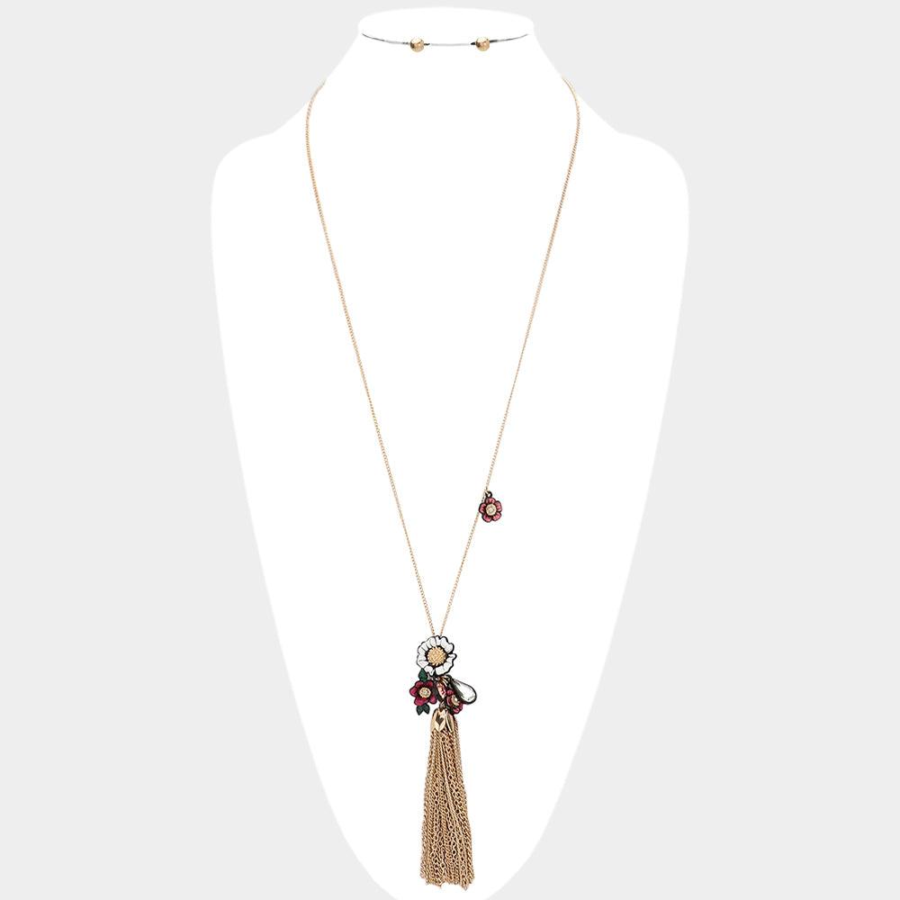 Gold Tassel pendant & flower charm long necklace