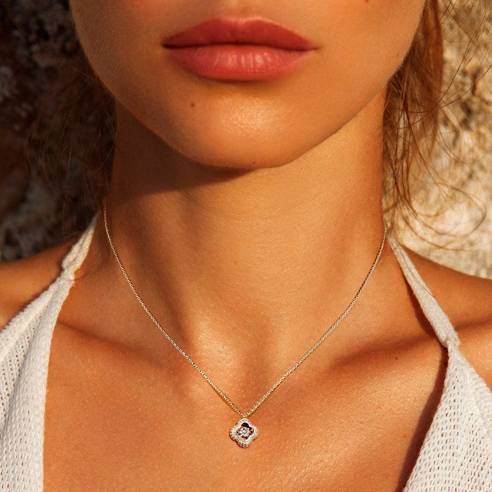 Gold White Gold Dipped Rhinestone Quatrefoil Pendant Necklace - Jewelry Store by Erik Rayo