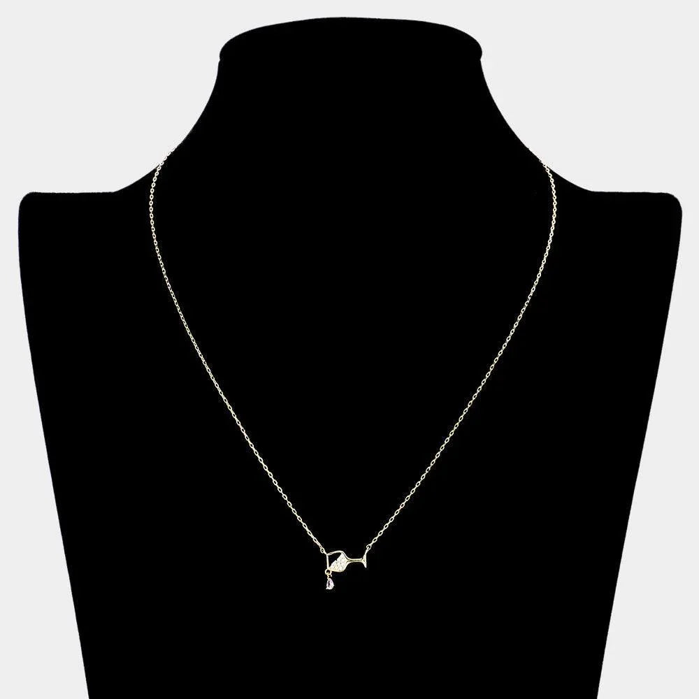 14K Gold Dipped CZ Stone Accented Wine Glass Pendant Necklace - Jewelry Store by Erik Rayo