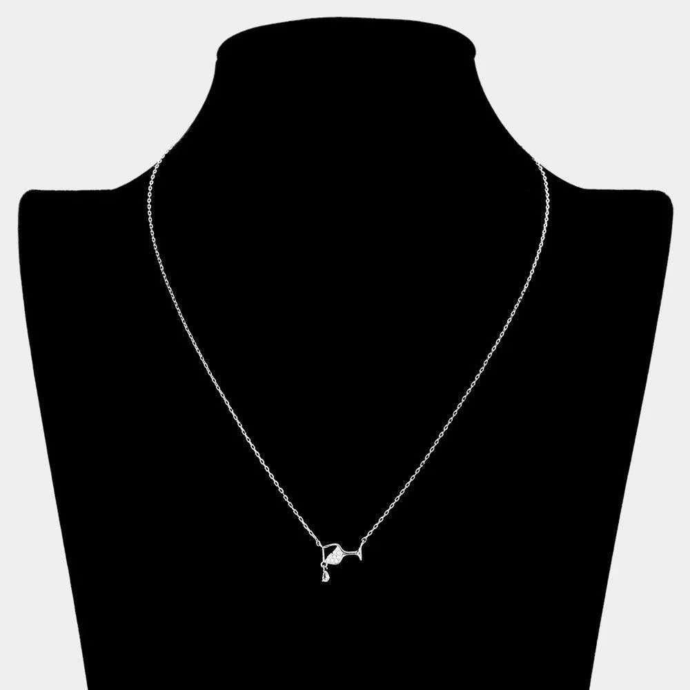Silver Sterling Silver Dipped CZ Stone Accented Wine Glass Pendant Necklace - Jewelry Store by Erik Rayo