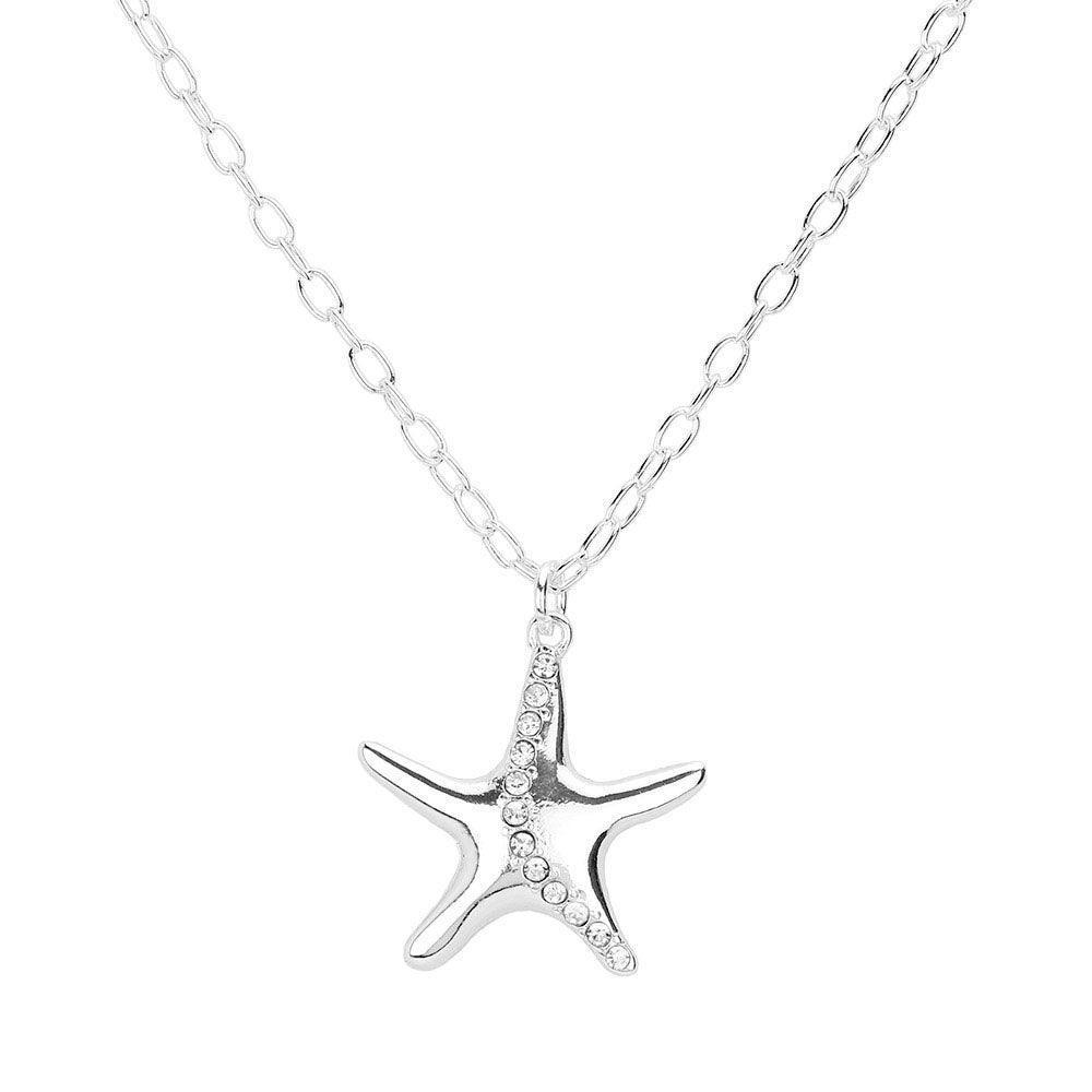 Silver Rhinestone Embellished Metal Starfish Pendant Necklace - Jewelry Store by Erik Rayo