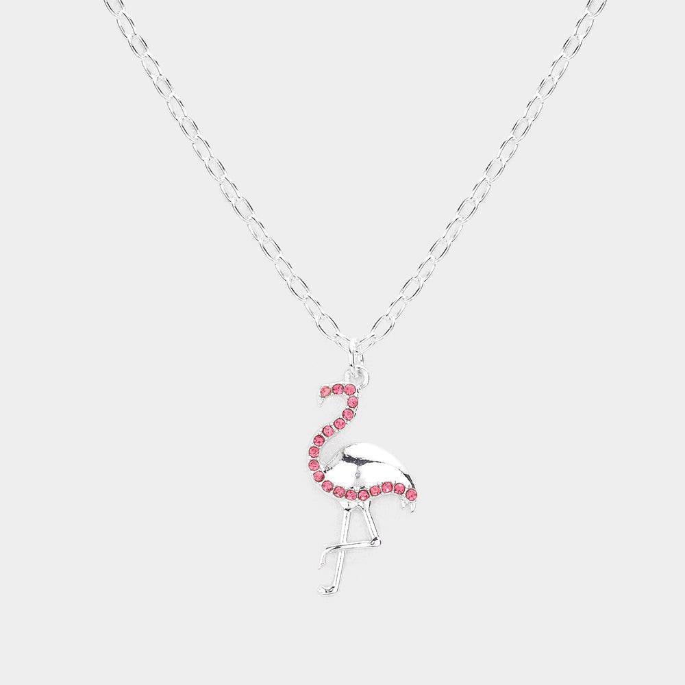 Pink Rhinestone Embellished Metal Flamingo Pendant Necklace - Jewelry Store by Erik Rayo