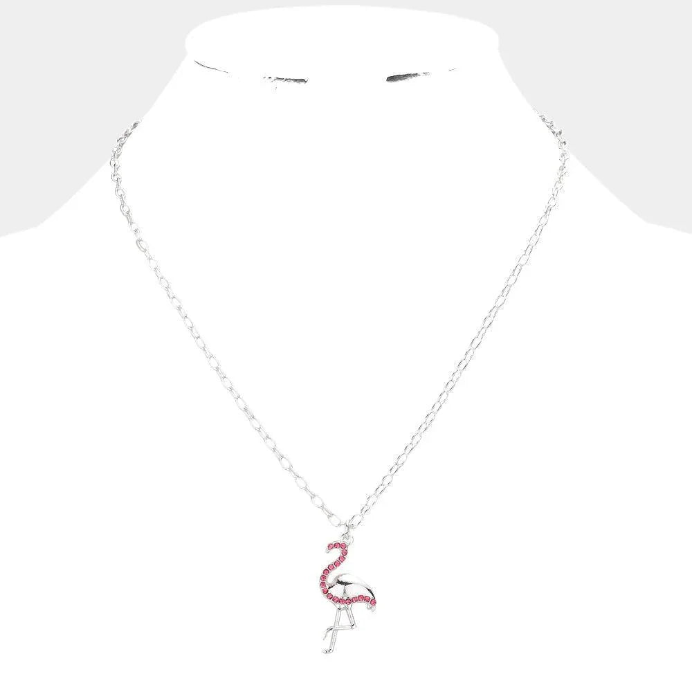 Pink Rhinestone Embellished Metal Flamingo Pendant Necklace - Jewelry Store by Erik Rayo