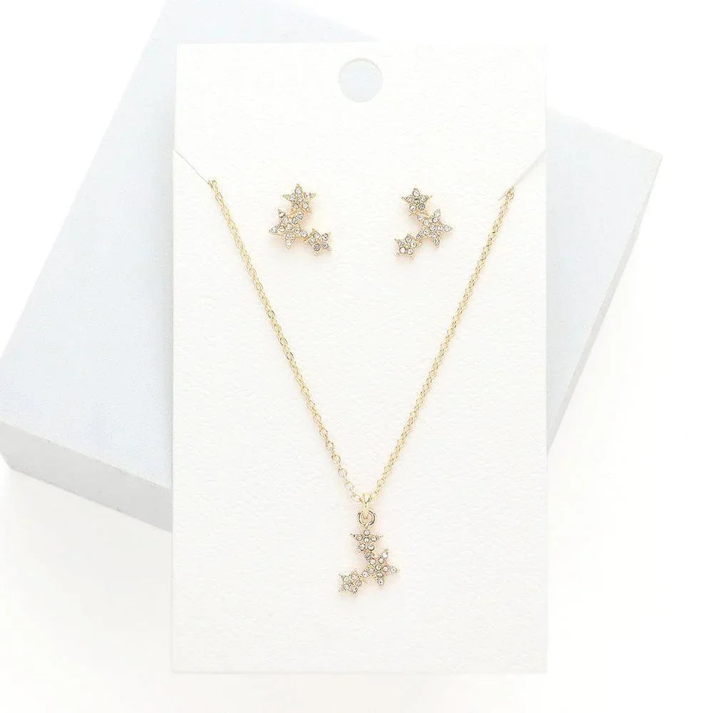 Gold Rhinestone Embellished Triple Star Pendant Necklace - Jewelry Store by Erik Rayo