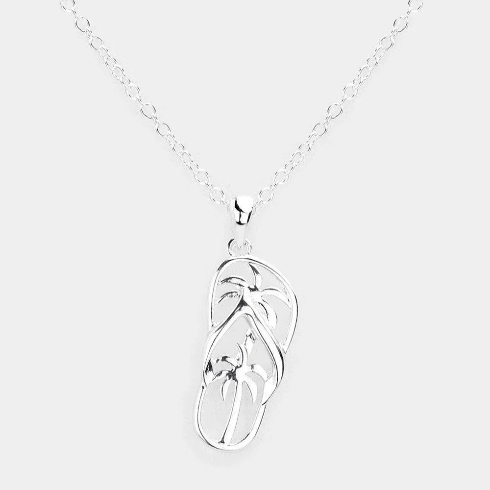 Silver Palm Tree Detailed Metal Flip Flop Pendant Necklace - Jewelry Store by Erik Rayo