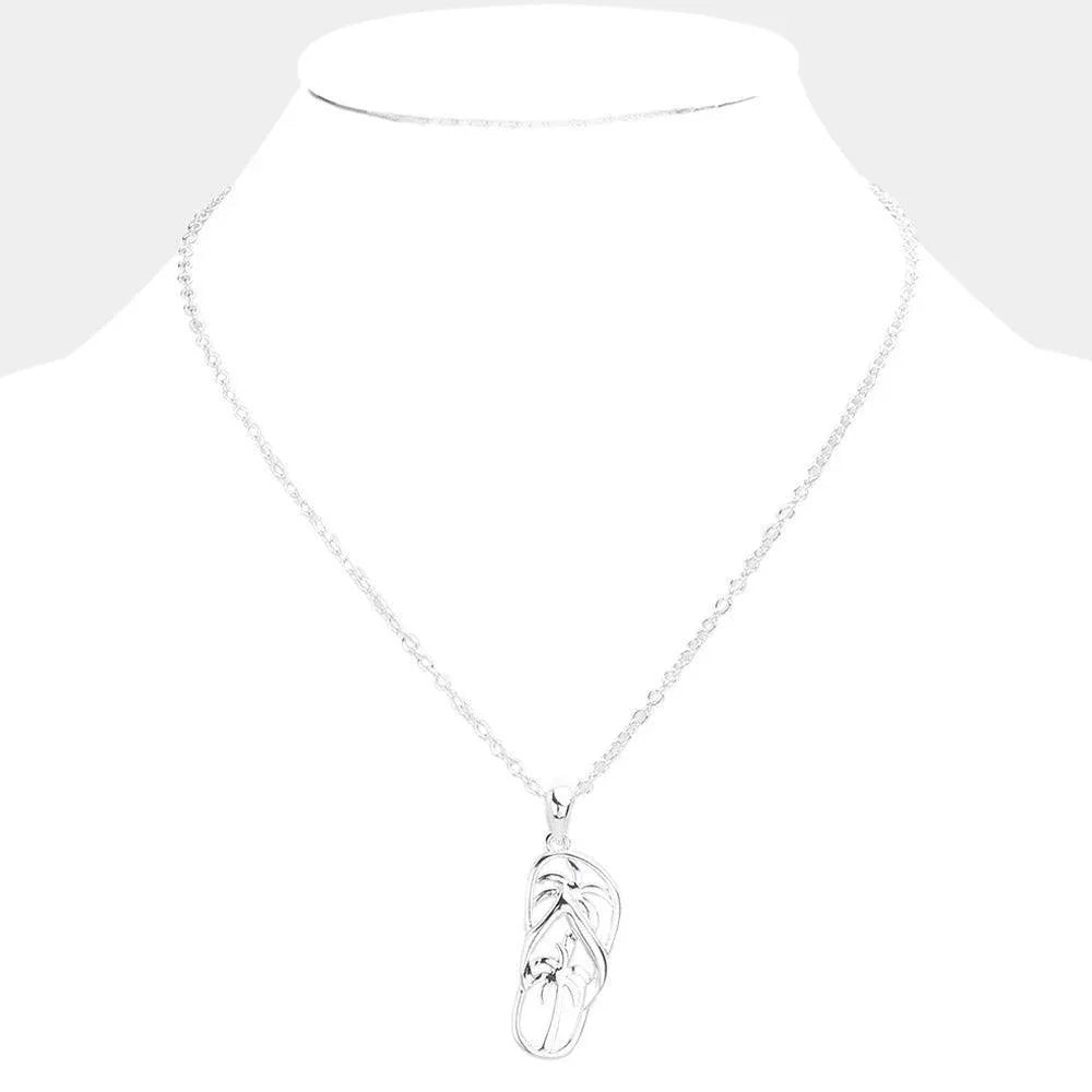 Silver Palm Tree Detailed Metal Flip Flop Pendant Necklace - Jewelry Store by Erik Rayo