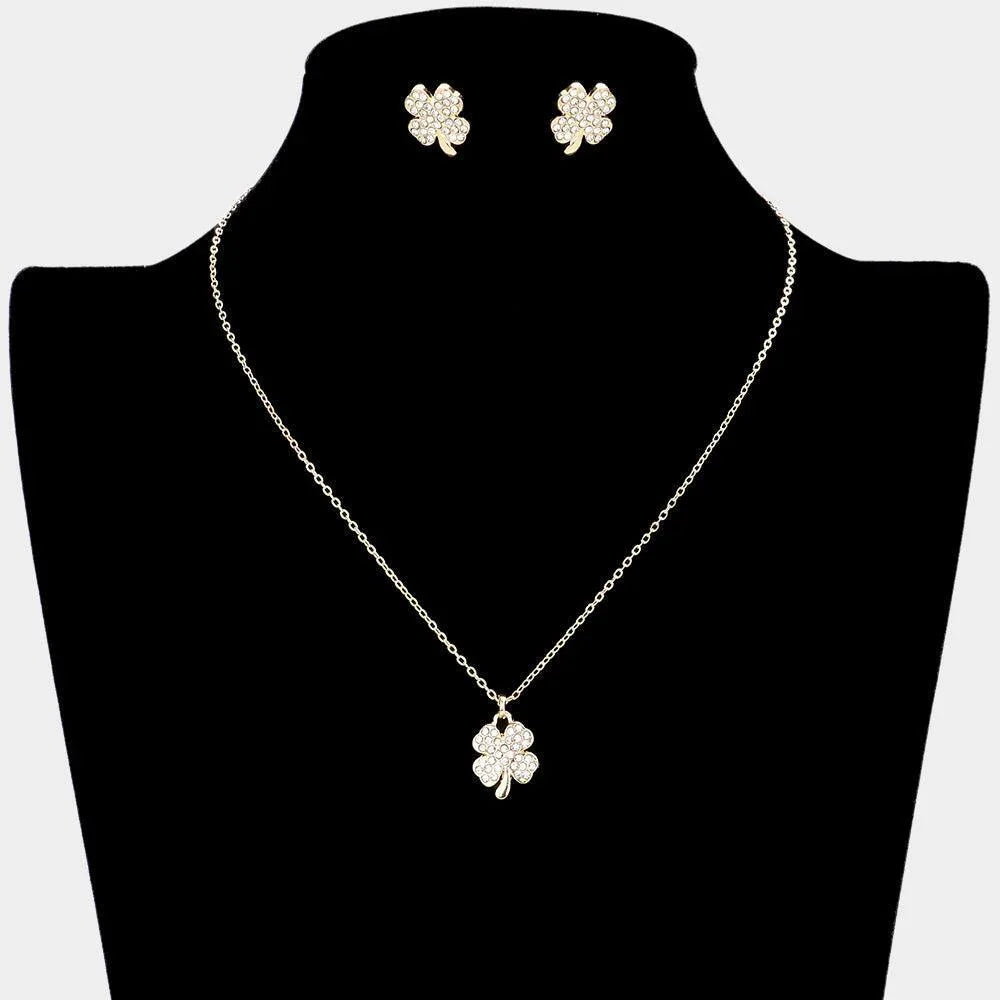 Gold Rhinestone Embellished Clover Pendant Necklace - Jewelry Store by Erik Rayo