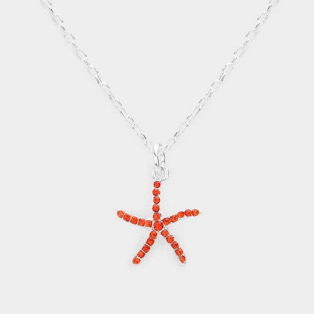 Orange Rhinestone Embellished Starfish Pendant Necklace - Jewelry Store by Erik Rayo