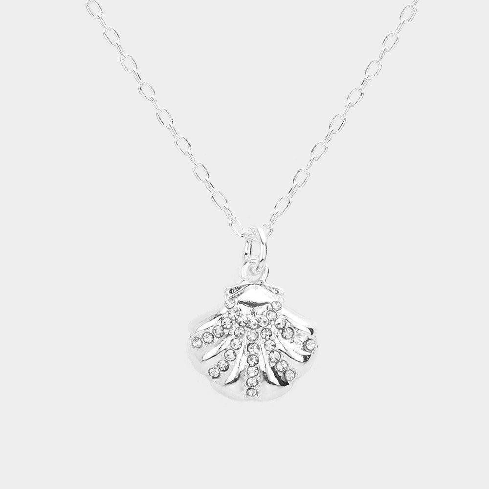 Silver Rhinestone Embellished Metal Shell Pendant Necklace - Jewelry Store by Erik Rayo