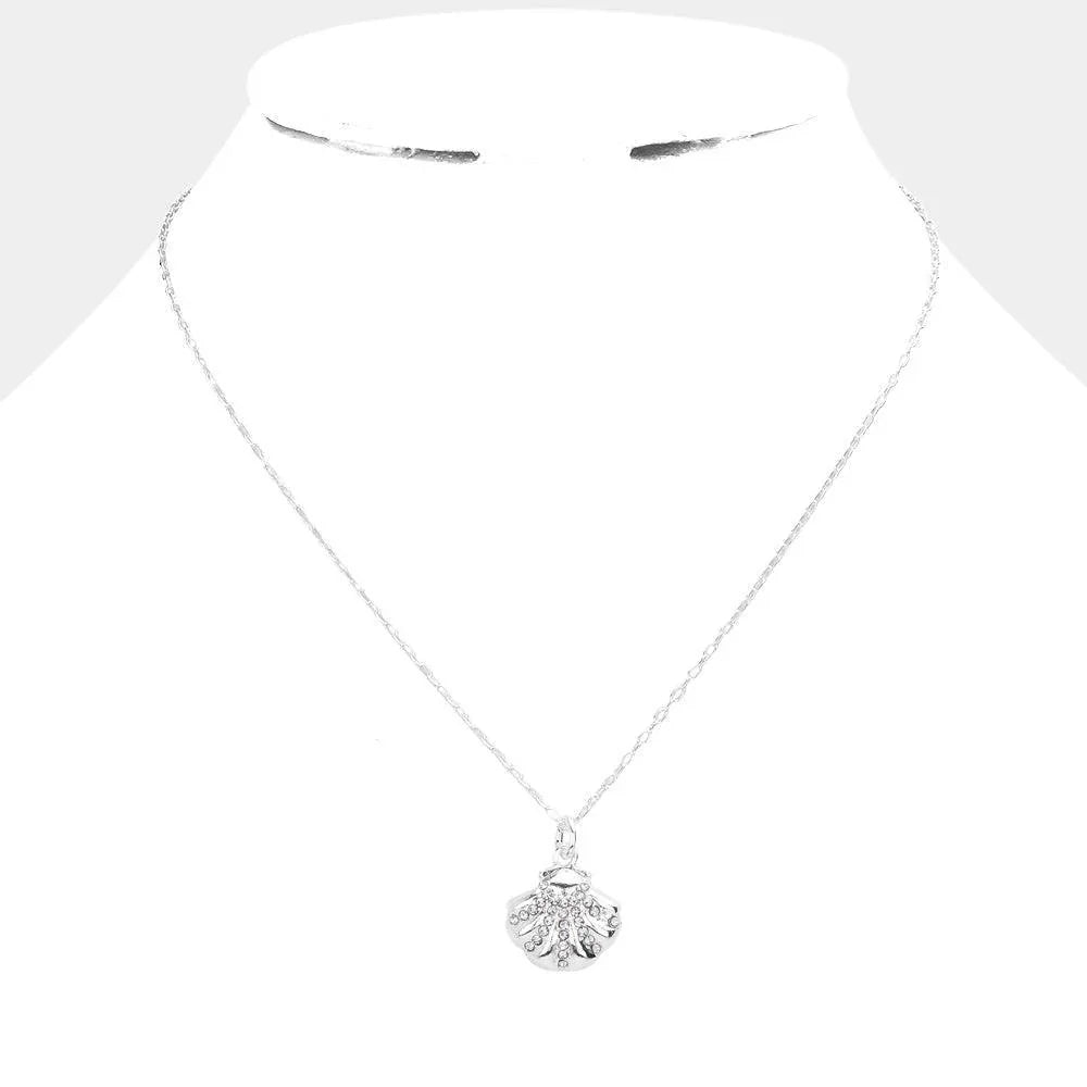Silver Rhinestone Embellished Metal Shell Pendant Necklace - Jewelry Store by Erik Rayo