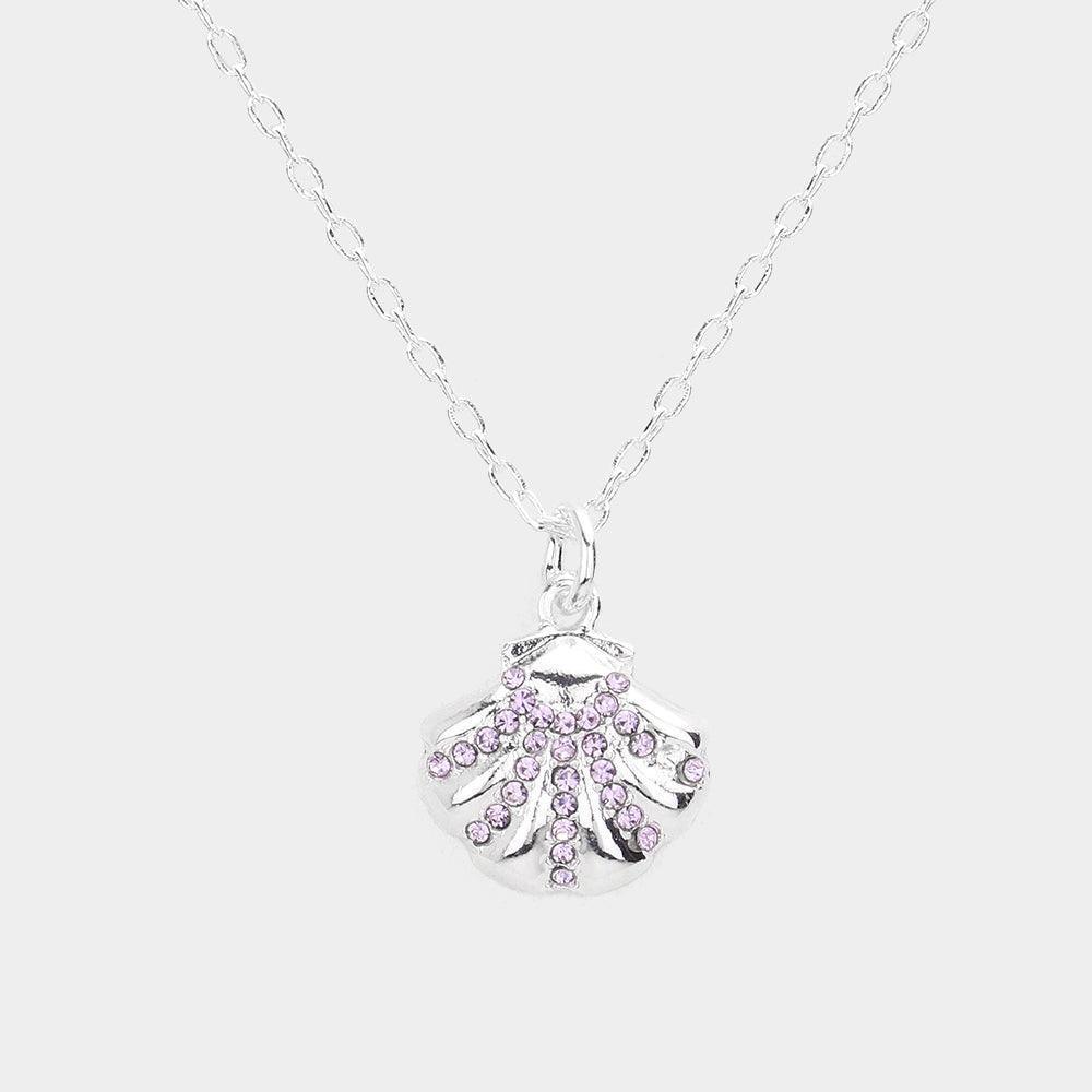 Purple Rhinestone Embellished Metal Shell Pendant Necklace - Jewelry Store by Erik Rayo