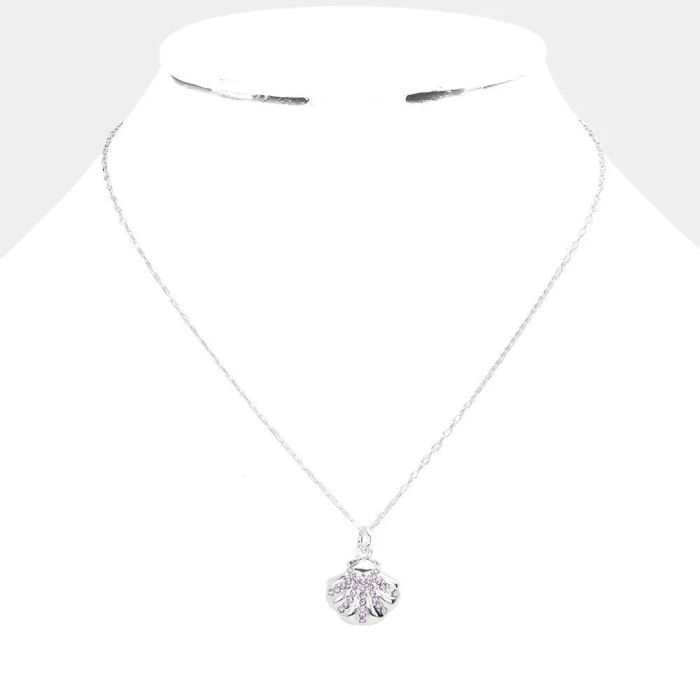 Purple Rhinestone Embellished Metal Shell Pendant Necklace - Jewelry Store by Erik Rayo