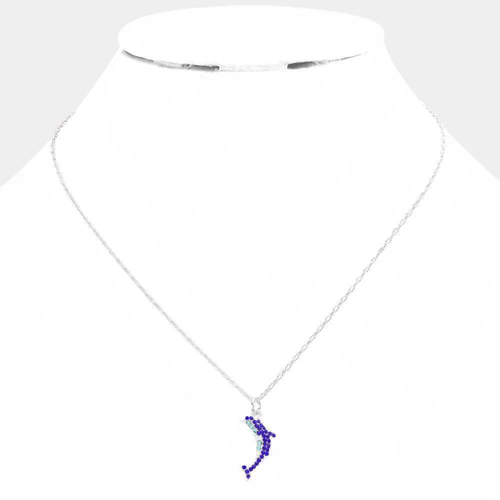 Silver Rhinestone Embellished Dolphin Pendant Necklace - Jewelry Store by Erik Rayo