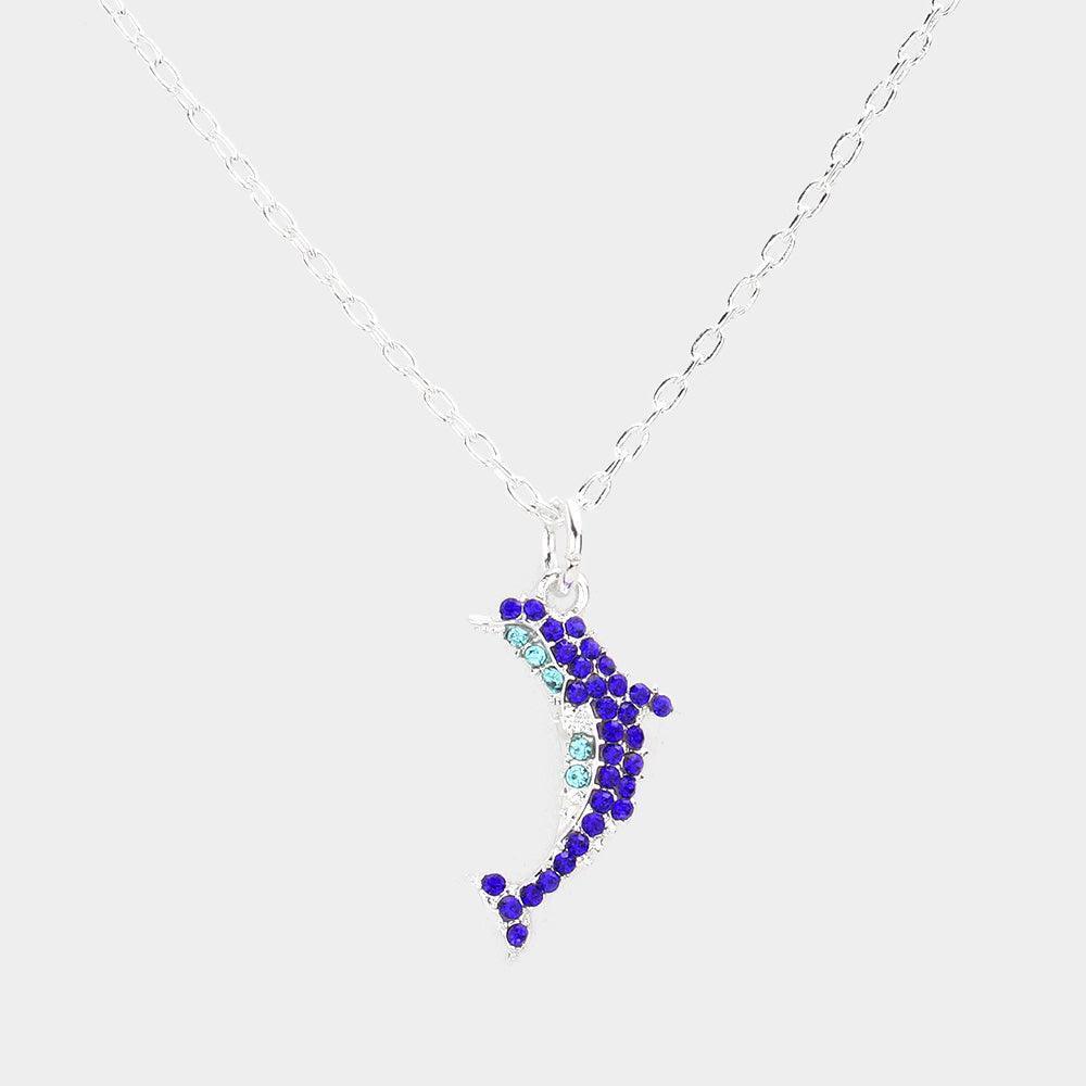 Silver Rhinestone Embellished Dolphin Pendant Necklace - Jewelry Store by Erik Rayo