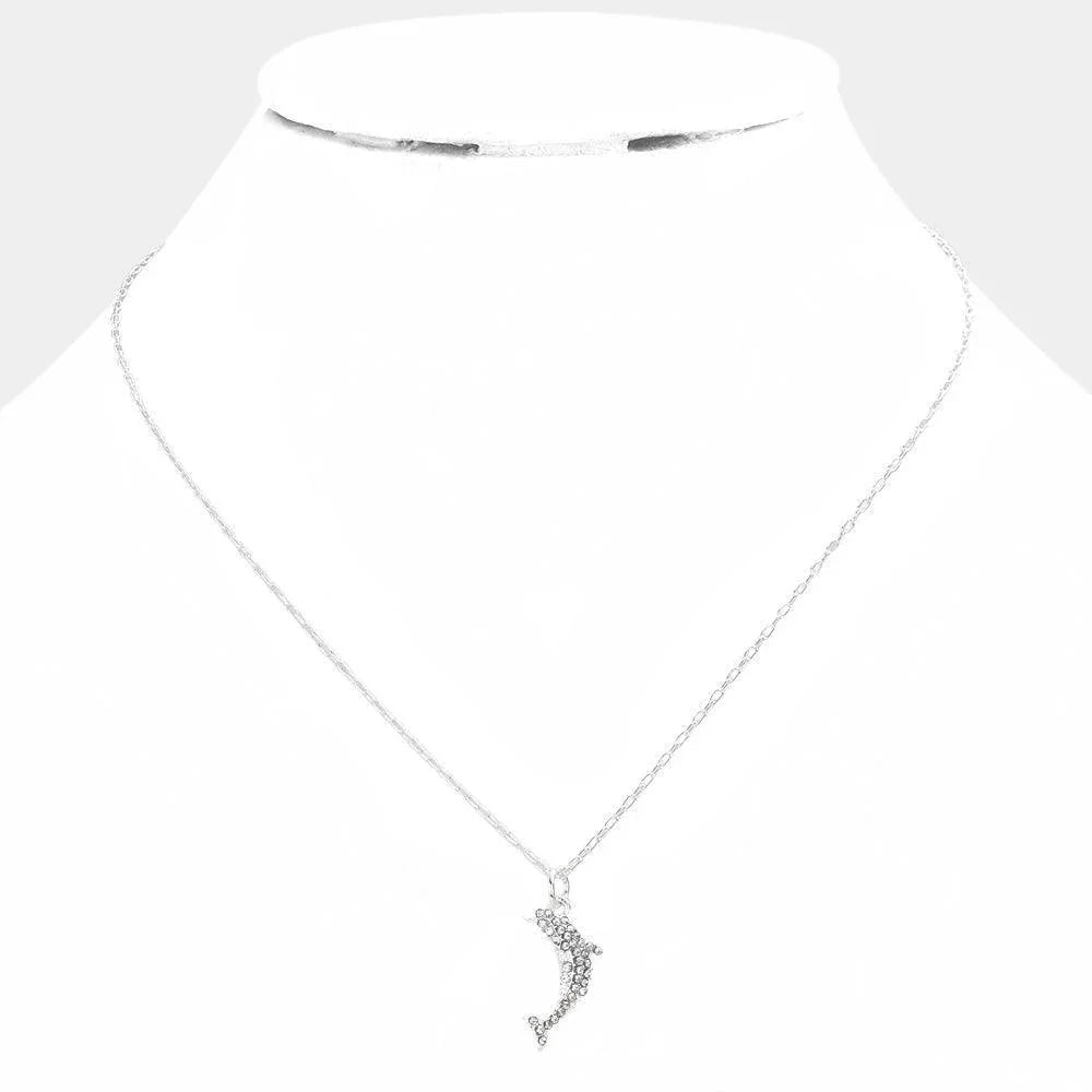 Silver Rhinestone Embellished Dolphin Pendant Necklace - Jewelry Store by Erik Rayo