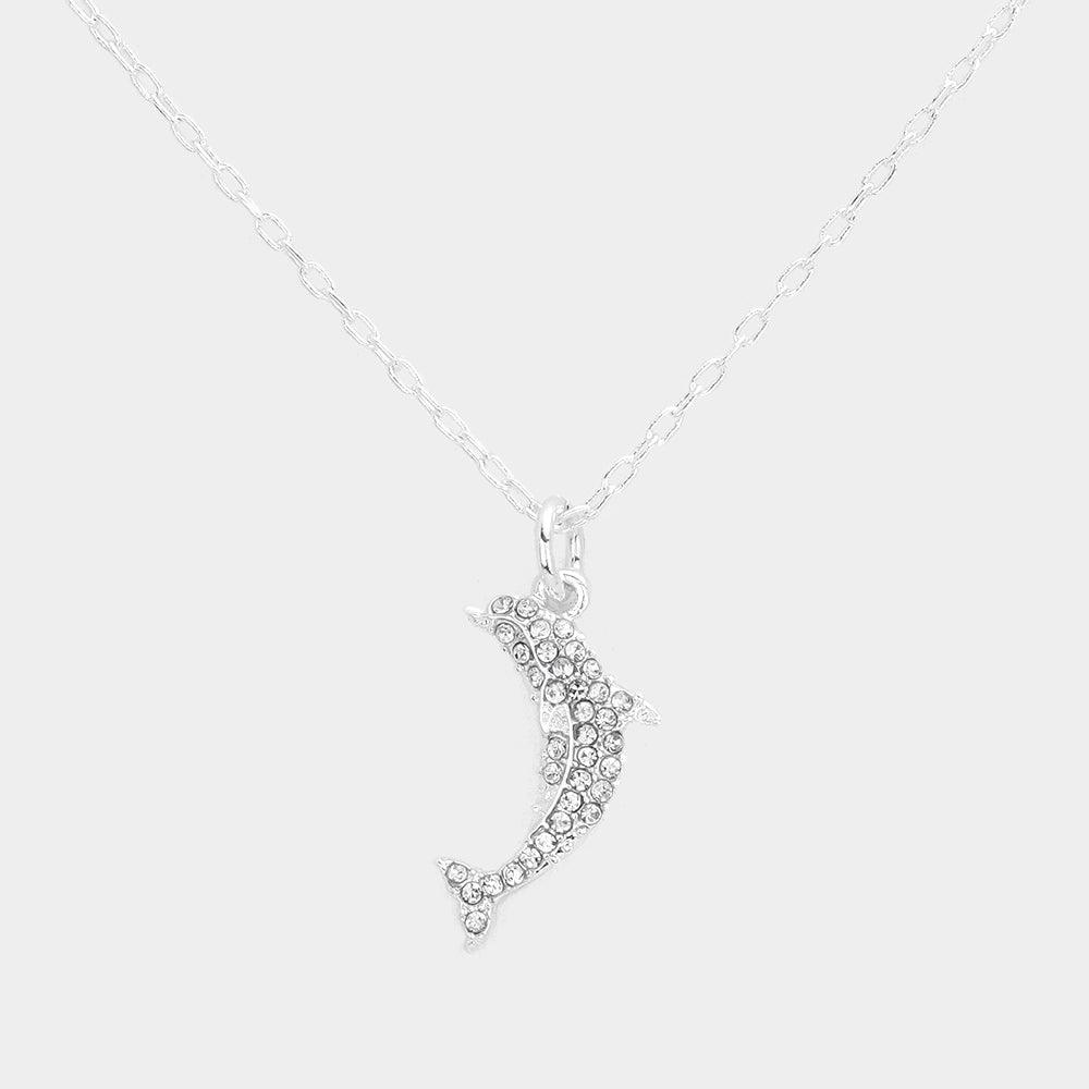 Silver Rhinestone Embellished Dolphin Pendant Necklace