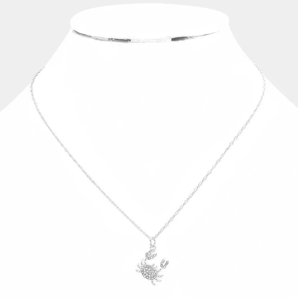 Silver Rhinestone Embellished Crab Pendant Necklace - Jewelry Store by Erik Rayo
