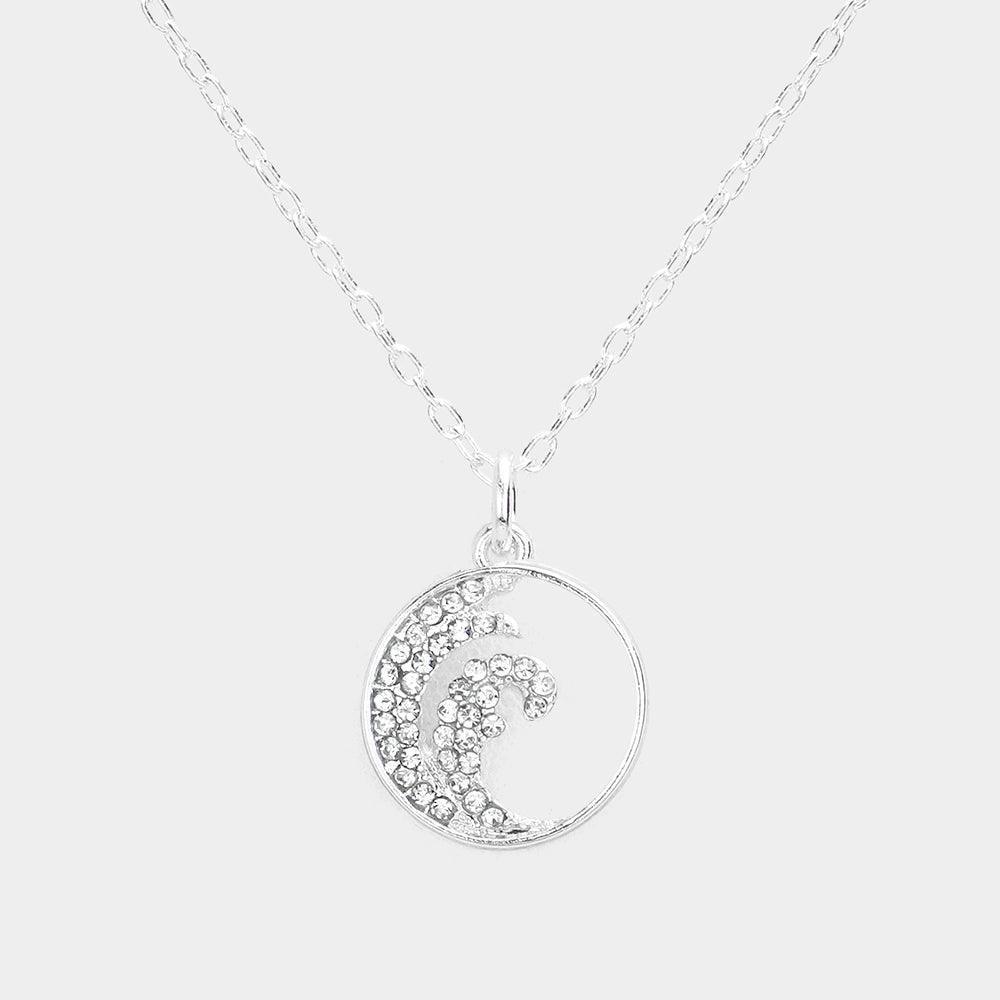 Silver Rhinestone Embellished Wave Metal Round Pendant Necklace - Jewelry Store by Erik Rayo