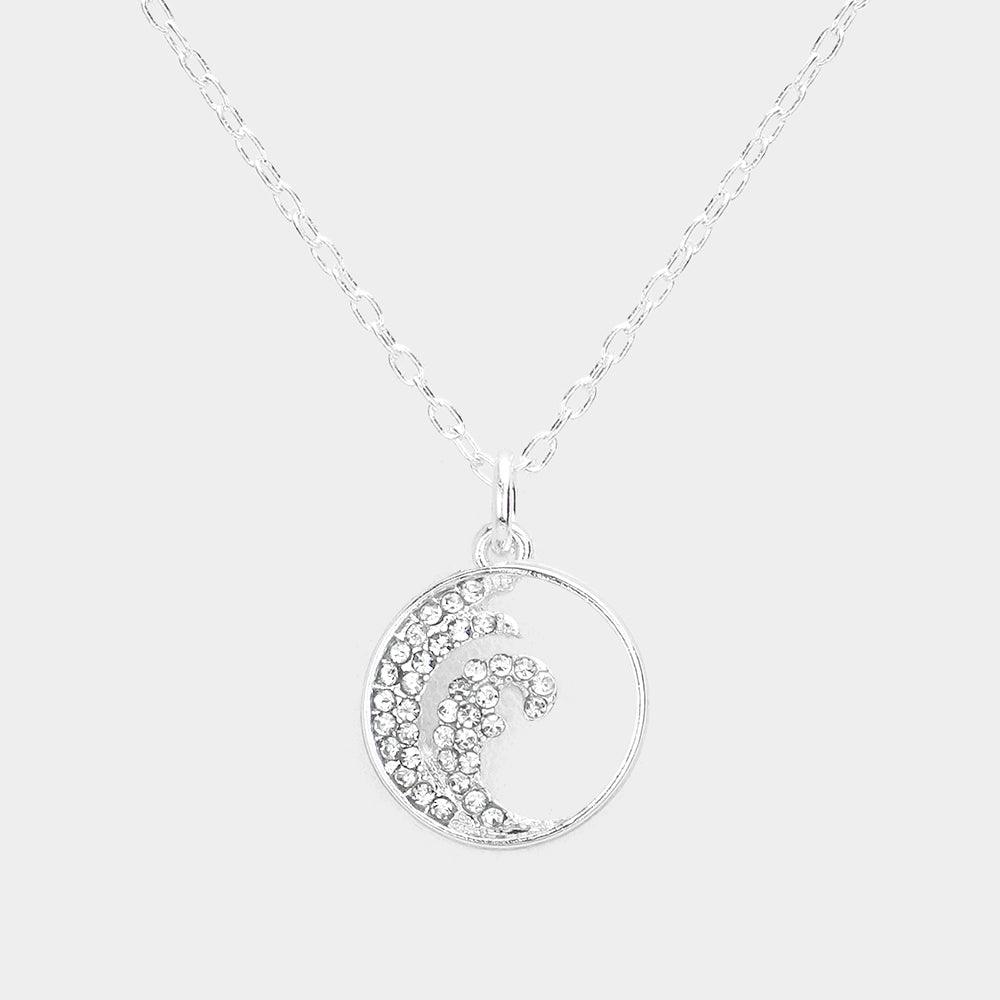 Silver Rhinestone Embellished Wave Metal Round Pendant Necklace