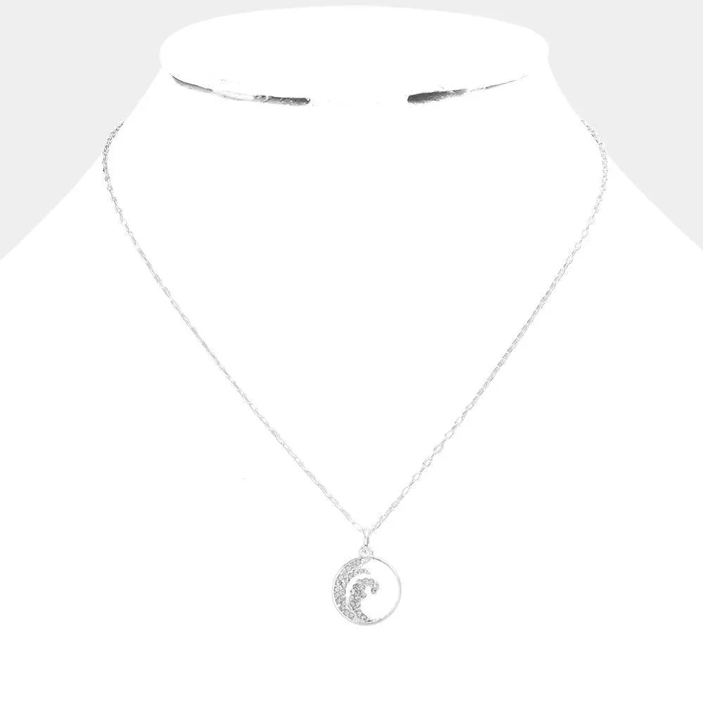 Silver Rhinestone Embellished Wave Metal Round Pendant Necklace - Jewelry Store by Erik Rayo