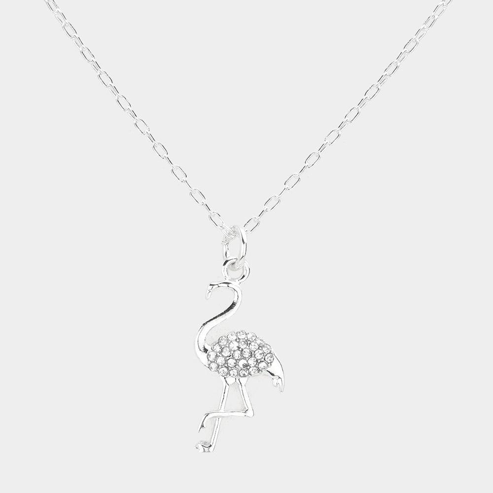 Silver Rhinestone Embellished Flamingo Pendant Necklace