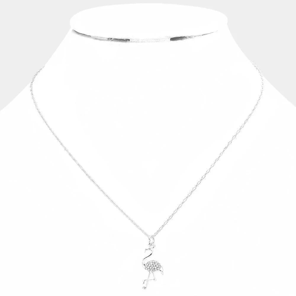 Silver Rhinestone Embellished Flamingo Pendant Necklace - Jewelry Store by Erik Rayo