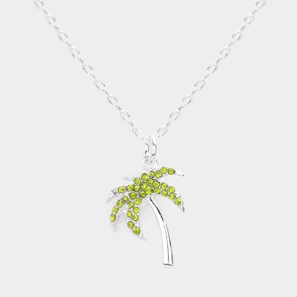 Green Rhinestone Embellished Palm Tree Pendant Necklace - Jewelry Store by Erik Rayo