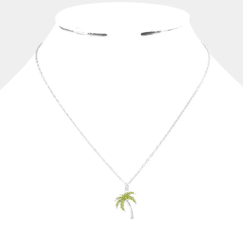 Green Rhinestone Embellished Palm Tree Pendant Necklace - Jewelry Store by Erik Rayo