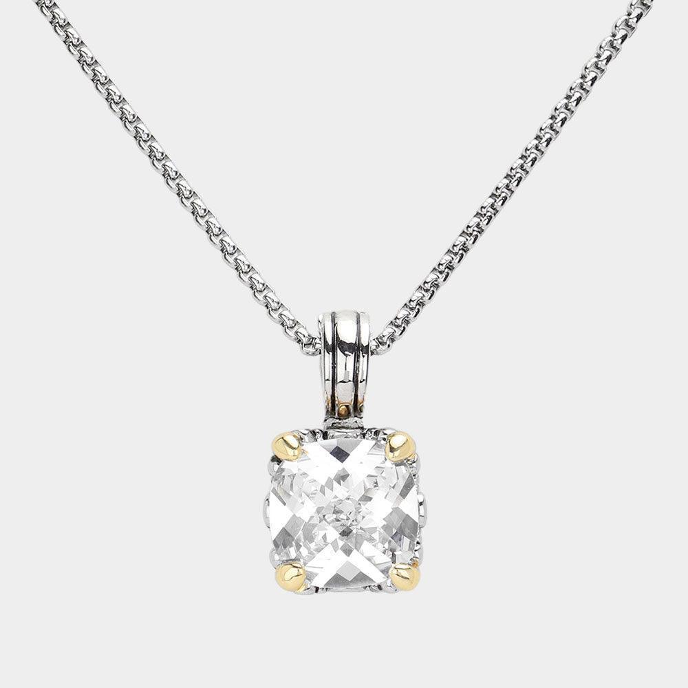 Clear Square CZ Stone Cluster Pendant Necklace
