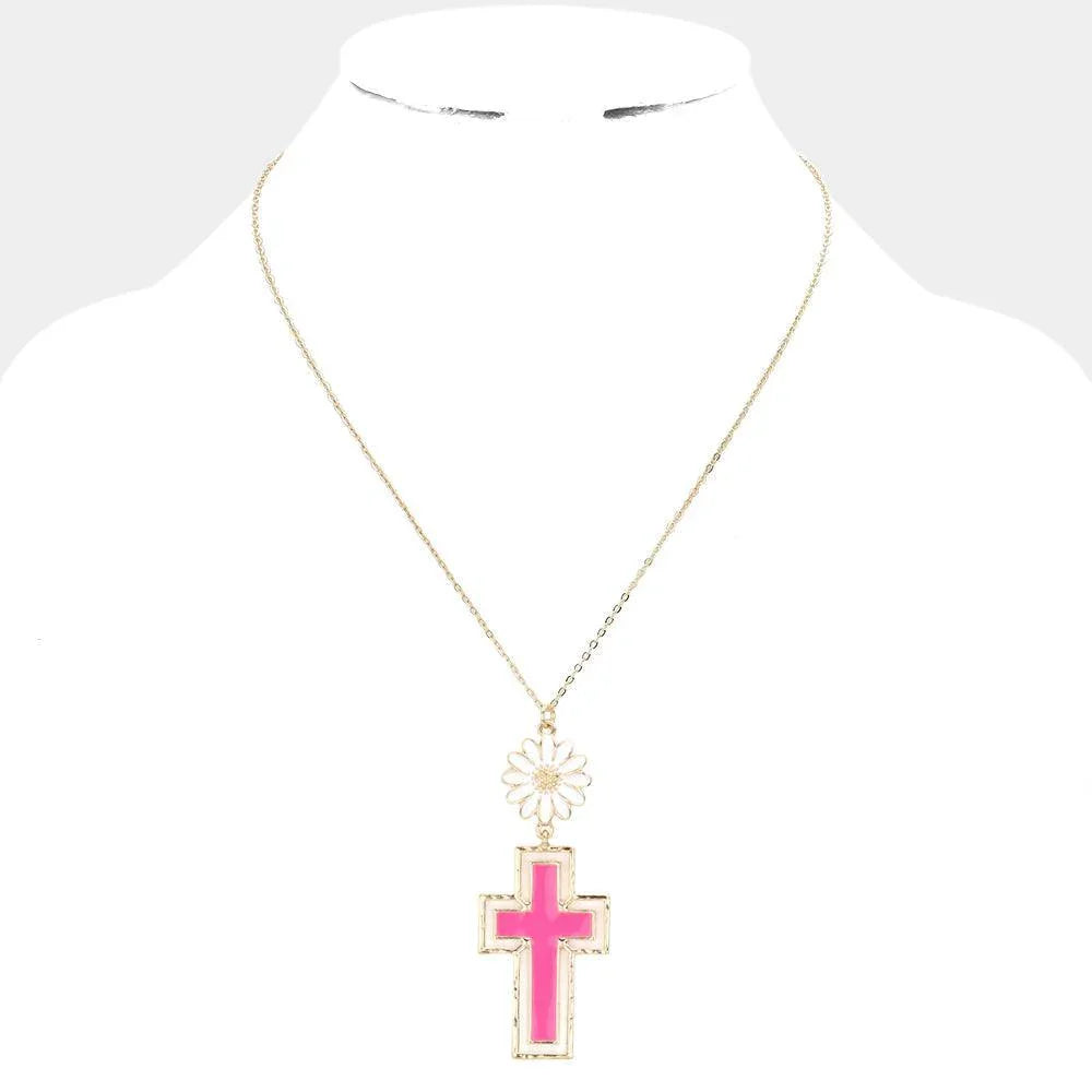 Pink Daisy Flower Cross Link Pendant Necklace - Jewelry Store by Erik Rayo
