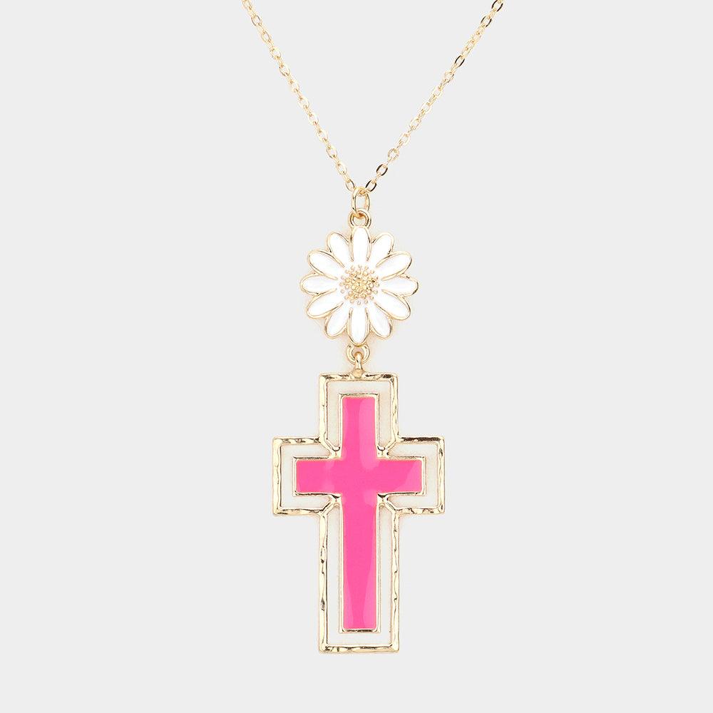 Pink Daisy Flower Cross Link Pendant Necklace