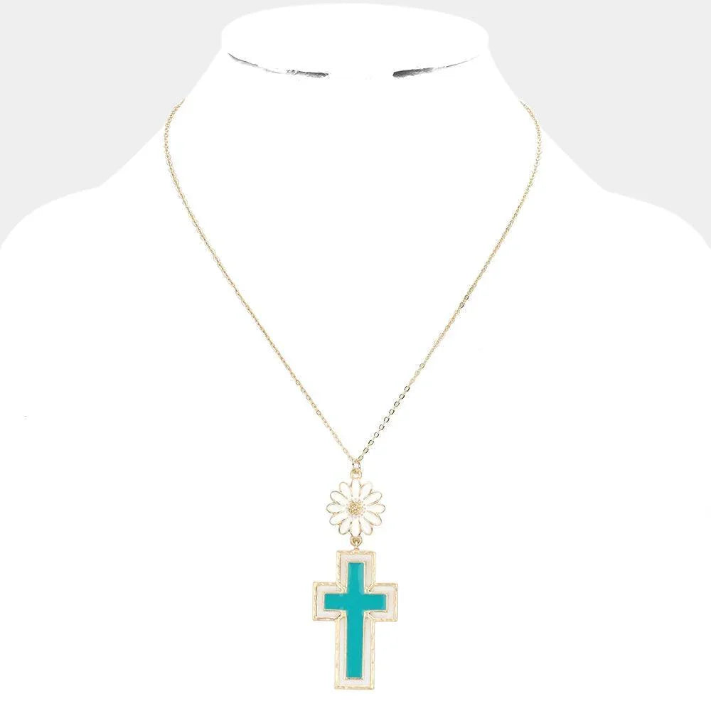 Turquoise Daisy Flower Cross Link Pendant Necklace - Jewelry Store by Erik Rayo