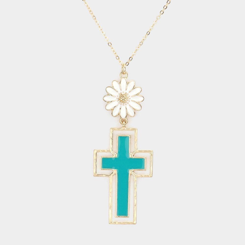 Turquoise Daisy Flower Cross Link Pendant Necklace - Jewelry Store by Erik Rayo