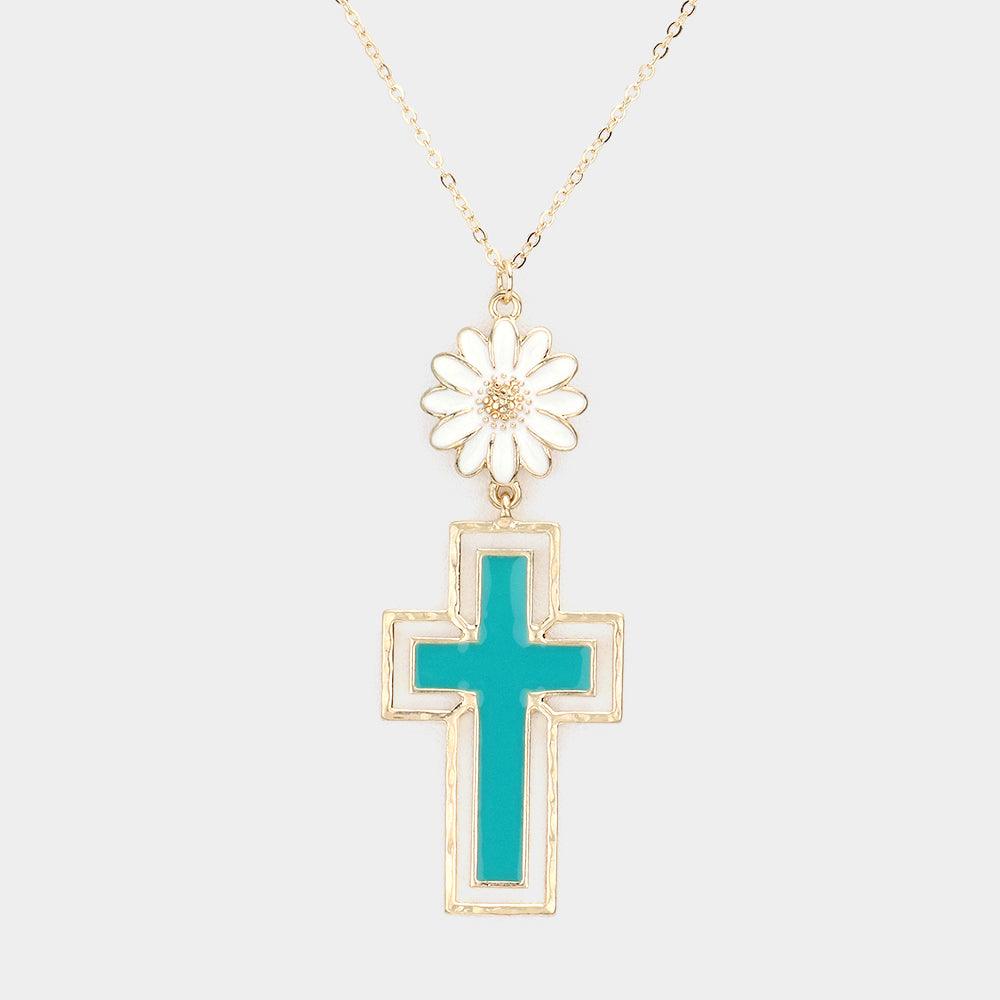 Turquoise Daisy Flower Cross Link Pendant Necklace