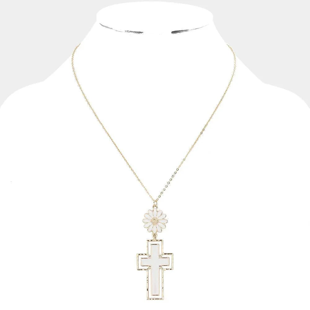 White Daisy Flower Cross Link Pendant Necklace - Jewelry Store by Erik Rayo