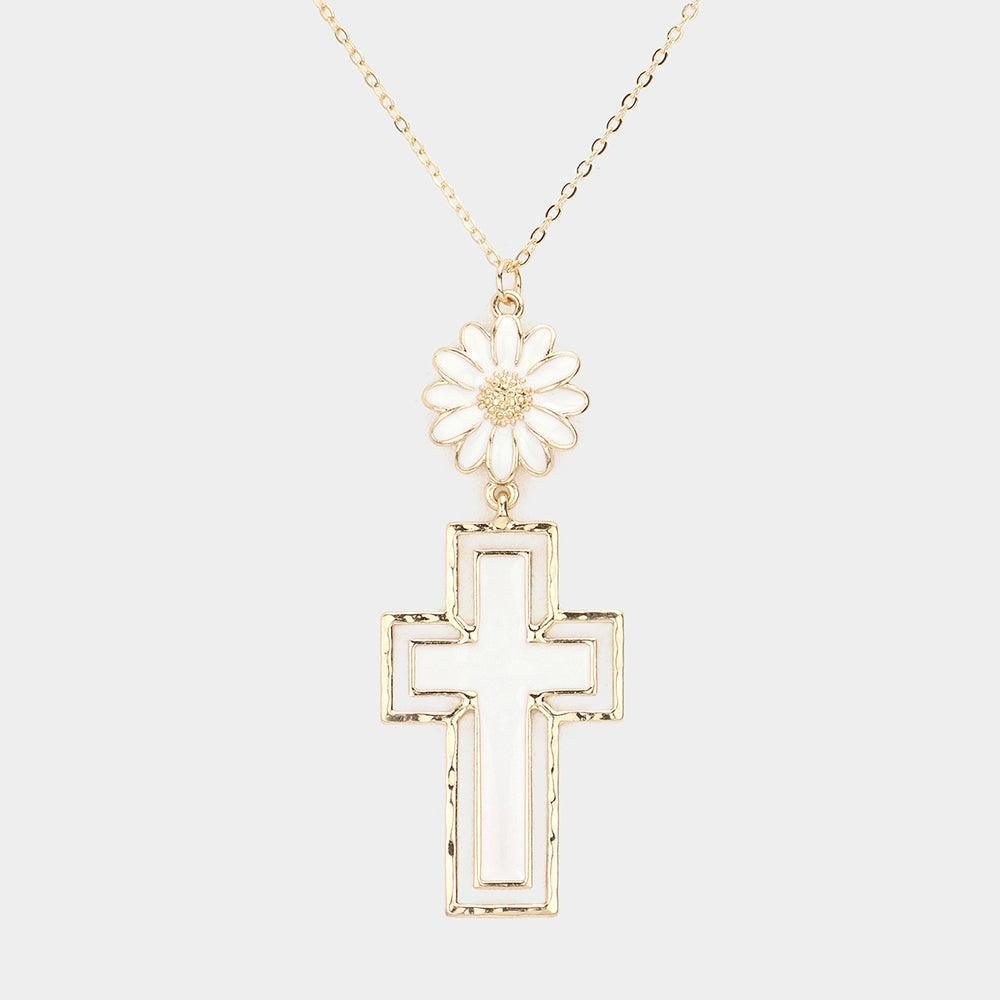 White Daisy Flower Cross Link Pendant Necklace - Jewelry Store by Erik Rayo